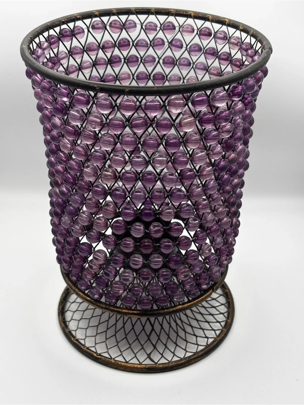 Decorative Beaded Brass Metal Tealight Candle Votive Set of 2 Purple and Amber